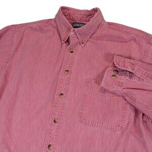 Vintage Lands End Mens Button Down Denim Shirt‎ XL Red 100% Cotton Pocket USA